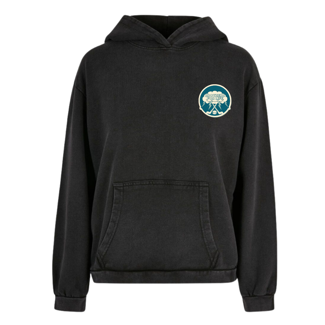 Brothers for Life "4 Brothers" Hockey Ladies Acid Washed Oversize Hoodie front